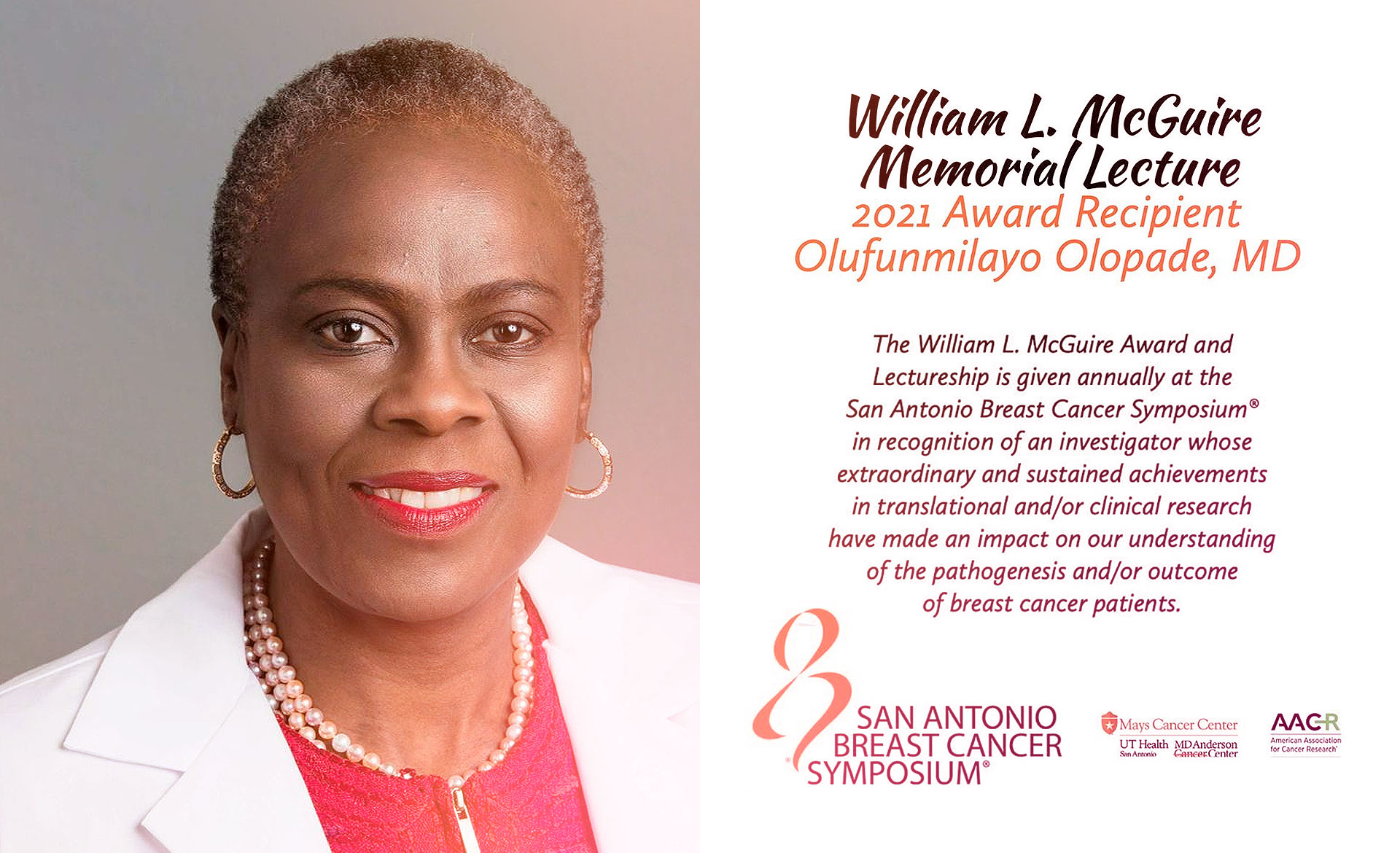 Dra. Olufunmilayo Olopade receberá prêmio este ano no próximo San Antonio Breast Cancer Symposium